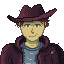 A cowboy-like character with a leather hat, brown hooded jacket and blue shirt