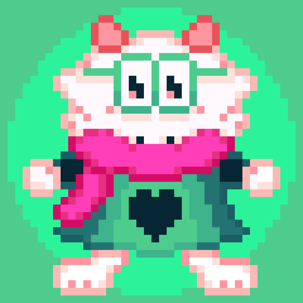 A colorful goat character with a pink scarf and plushy like looks